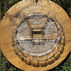 Vintage Relish Tray Etched Glass Serving Dish with Dividers: Fish & Fruit Design